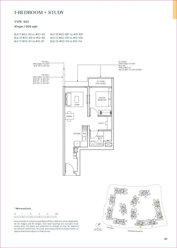 Parktown Residence Tampines Singapore 1 Bedroom Study Floor Plan